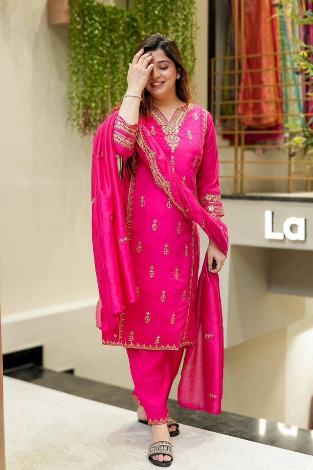 Pink Sequin with Embroidered Chanderi Straight Cut Suit Set