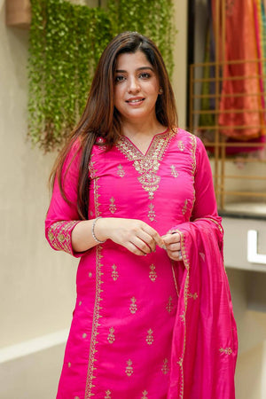 Pink Sequin with Embroidered Chanderi Straight Cut Suit Set