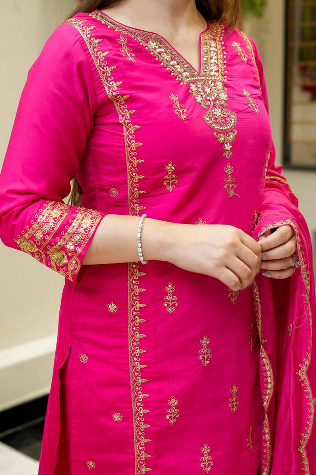 Pink Sequin with Embroidered Chanderi Straight Cut Suit Set