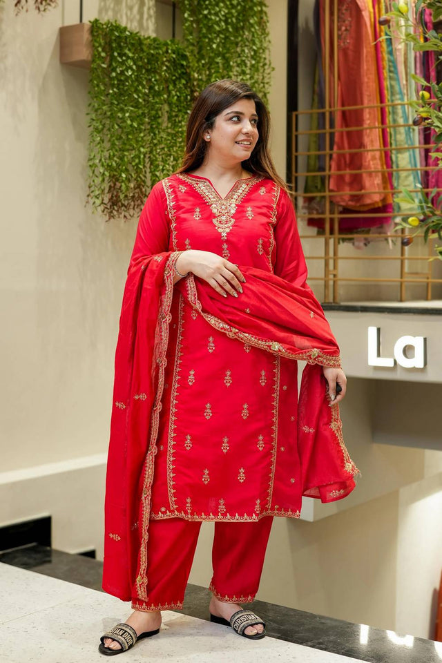 Red Sequin with Embroidered Chanderi Straight Cut Suit Set