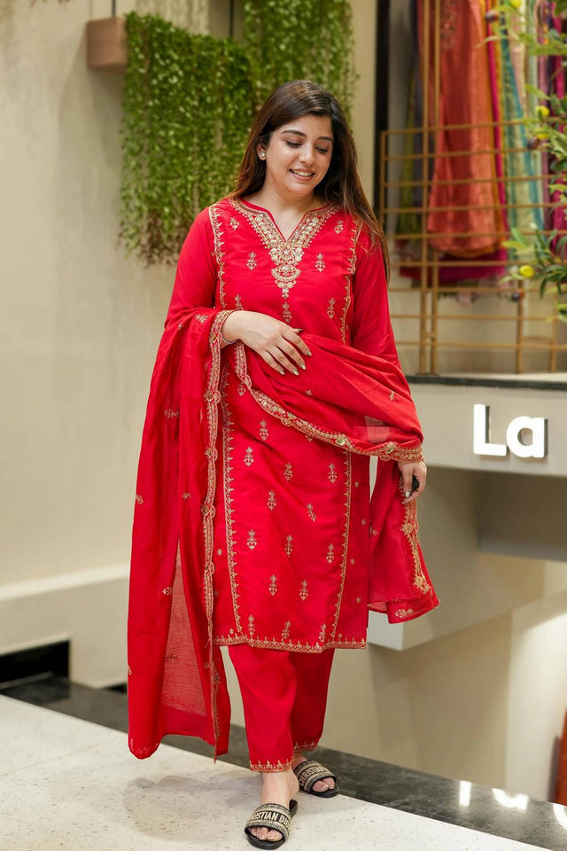 Red Sequin with Embroidered Chanderi Straight Cut Suit Set