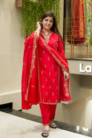 Red Sequin with Embroidered Chanderi Straight Cut Suit Set