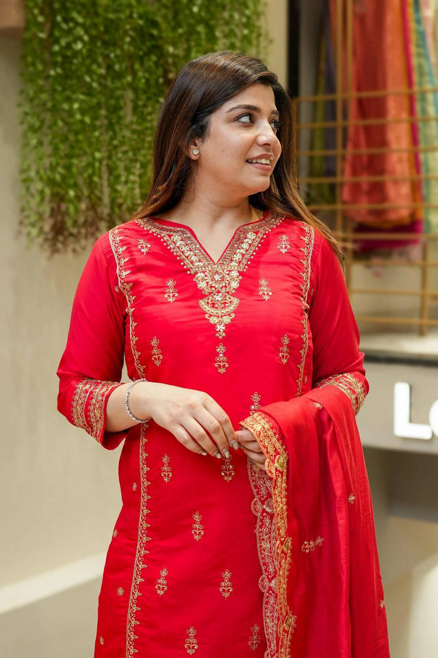 Red Sequin with Embroidered Chanderi Straight Cut Suit Set