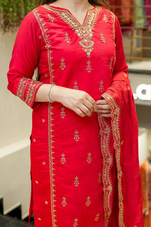 Red Sequin with Embroidered Chanderi Straight Cut Suit Set