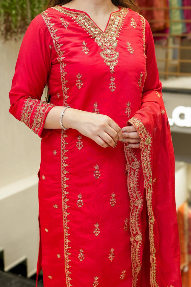 Red Sequin with Embroidered Chanderi Straight Cut Suit Set