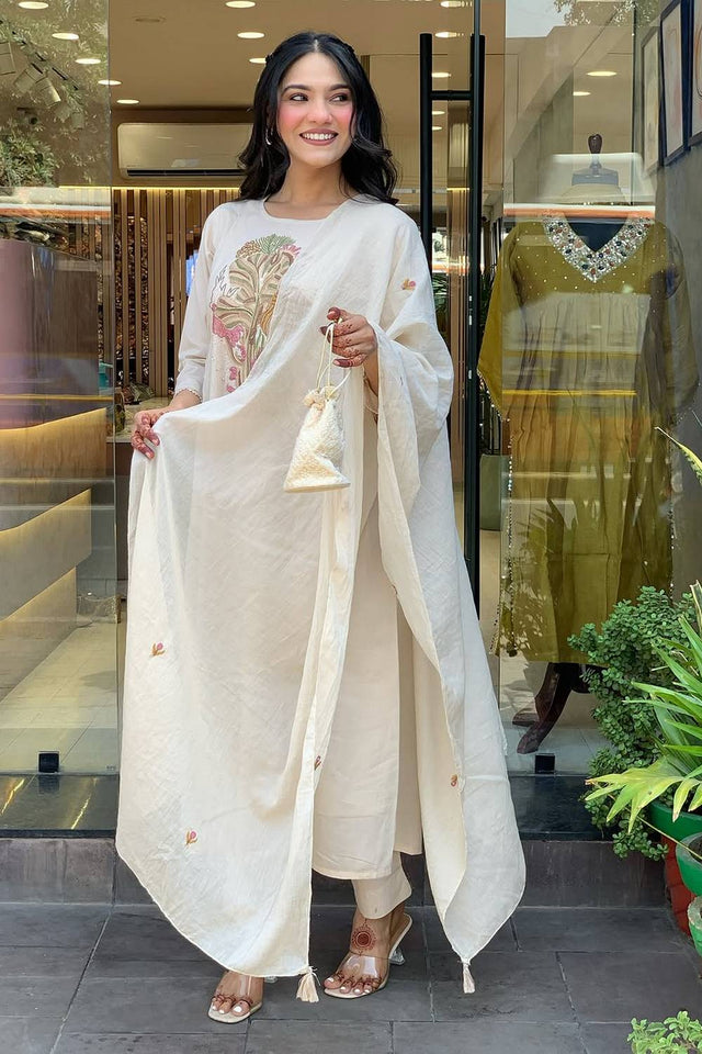 White Embroidered Rayon Anarkali Suit Set