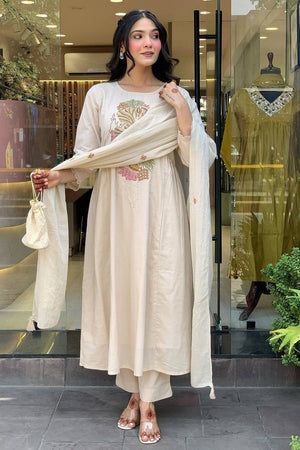White Embroidered Rayon Anarkali Suit Set