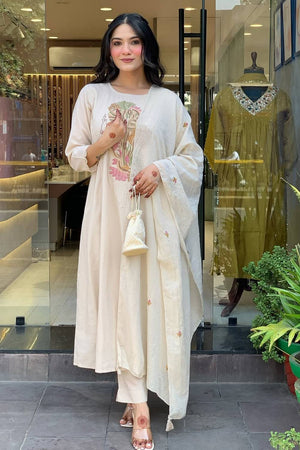 White Embroidered Rayon Anarkali Suit Set