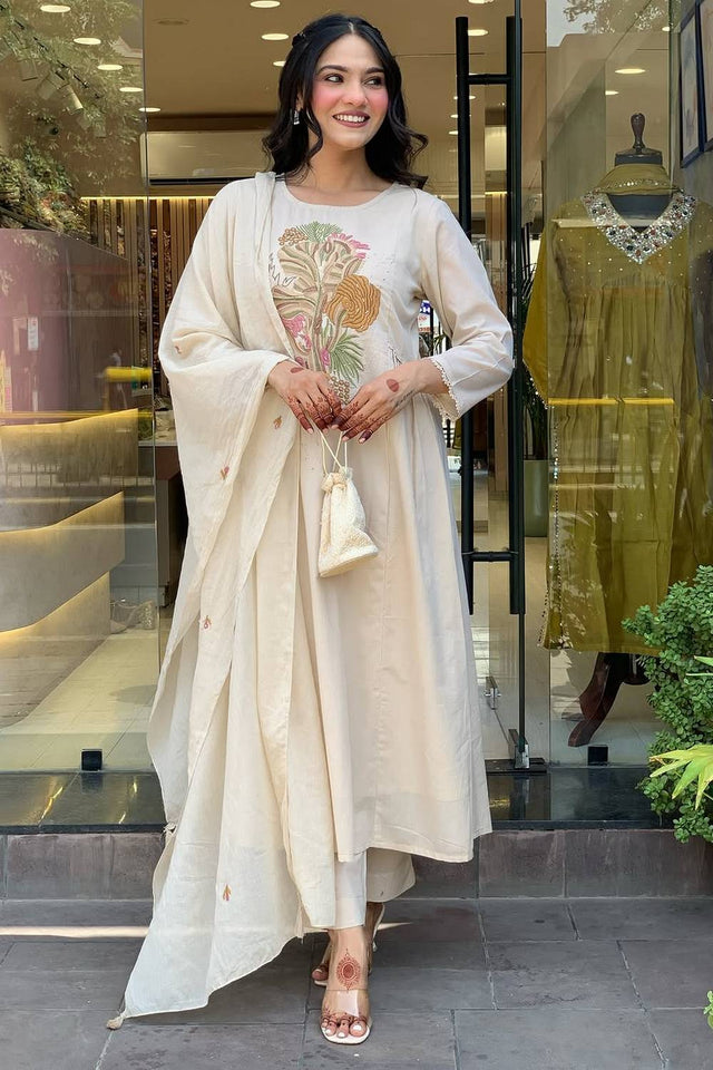 White Embroidered Rayon Anarkali Suit Set