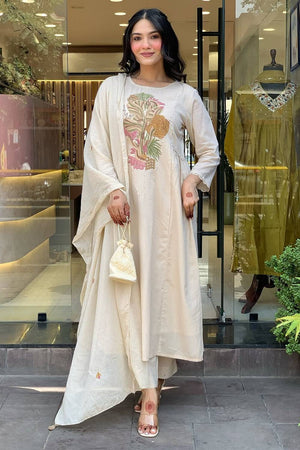 White Embroidered Rayon Anarkali Suit Set