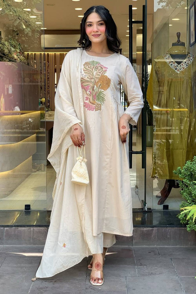 White Embroidered Rayon Anarkali Suit Set