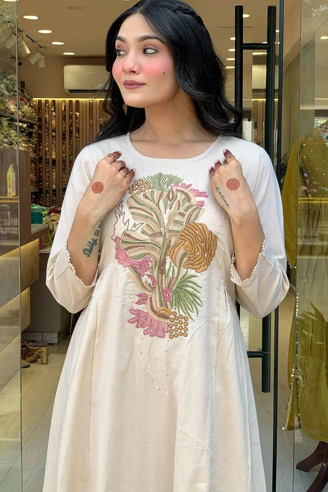 White Embroidered Rayon Anarkali Suit Set