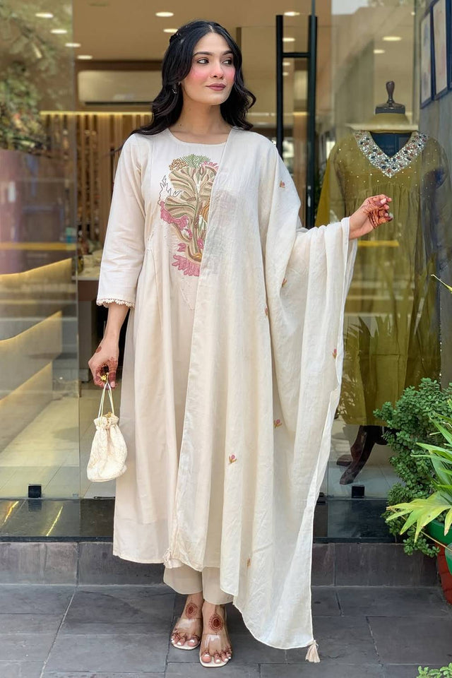 White Embroidered Rayon Anarkali Suit Set