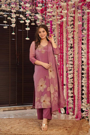 Pink Floral Printed Silk Straight Cut Suit Set