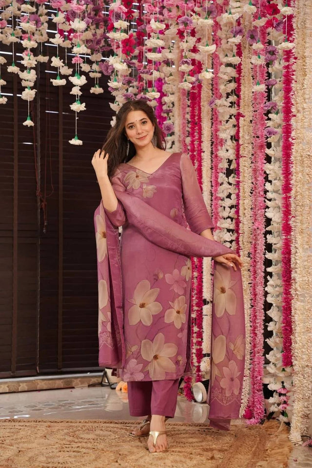 Pink Floral Printed Silk Straight Cut Suit Set