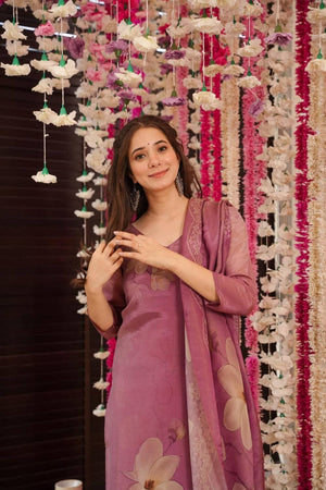 Pink Floral Printed Silk Straight Cut Suit Set