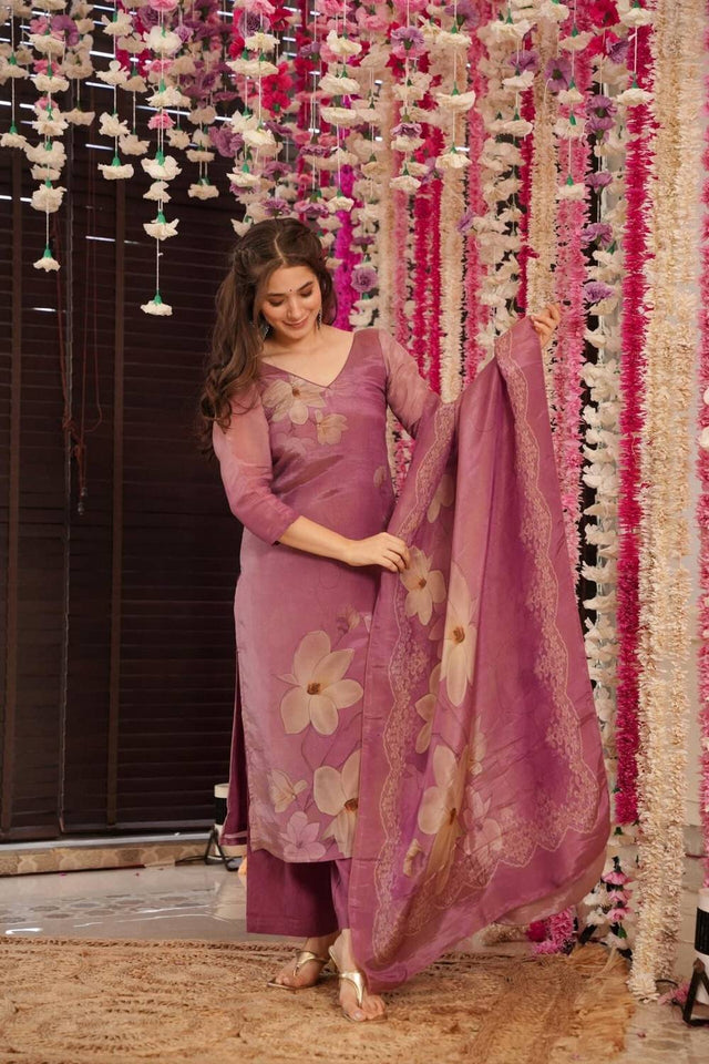 Pink Floral Printed Silk Straight Cut Suit Set