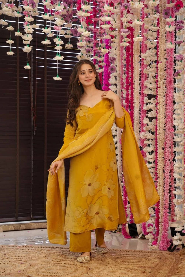 Yellow Floral Printed Silk Straight Cut Suit Set