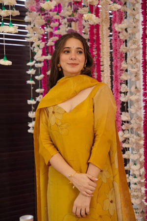 Yellow Floral Printed Silk Straight Cut Suit Set