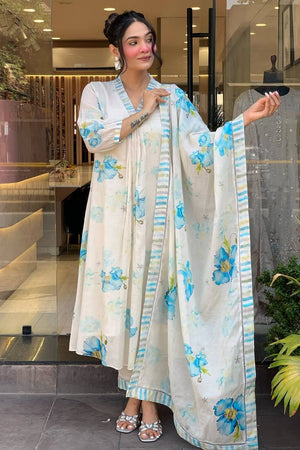 White Floral Printed Rayon Anarkali Suit Set