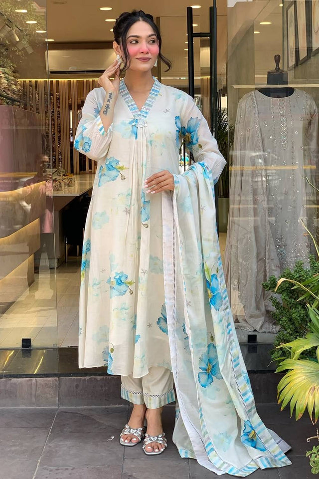 White Floral Printed Rayon Anarkali Suit Set