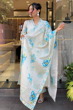 White Floral Printed Rayon Anarkali Suit Set