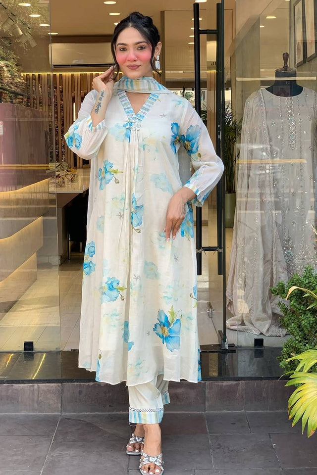 White Floral Printed Rayon Anarkali Suit Set