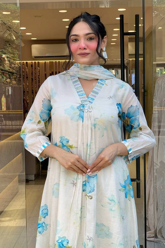 White Floral Printed Rayon Anarkali Suit Set