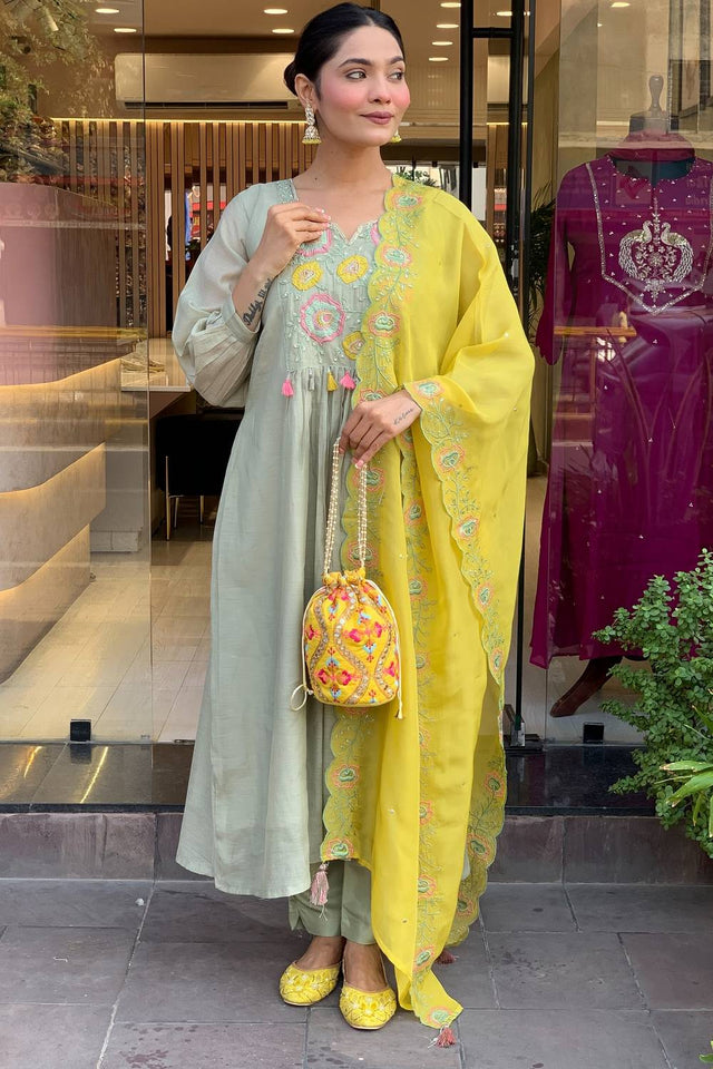 Grey Embroidered Silk Anarkali Suit Set