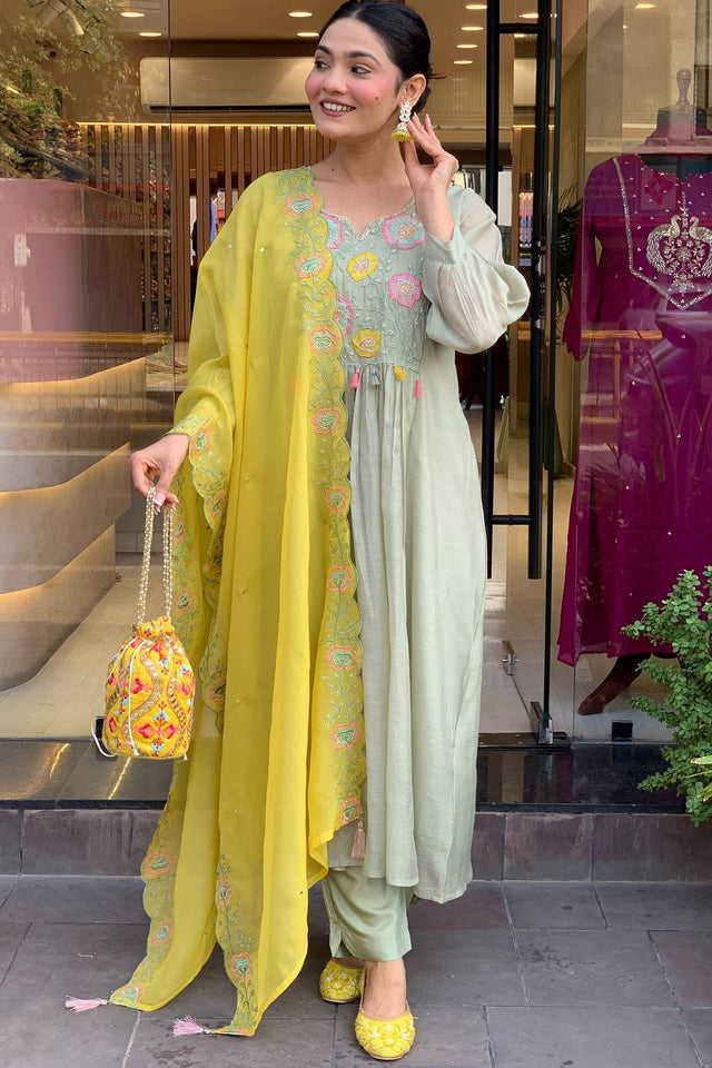 Grey Embroidered Silk Anarkali Suit Set