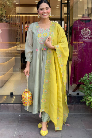 Grey Embroidered Silk Anarkali Suit Set