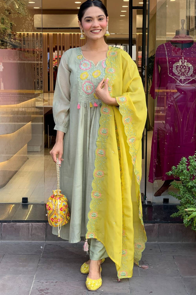 Grey Embroidered Silk Anarkali Suit Set