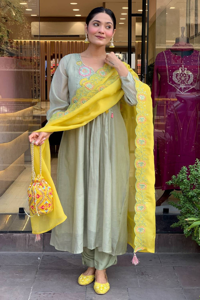 Grey Embroidered Silk Anarkali Suit Set