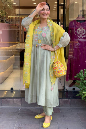 Grey Embroidered Silk Anarkali Suit Set