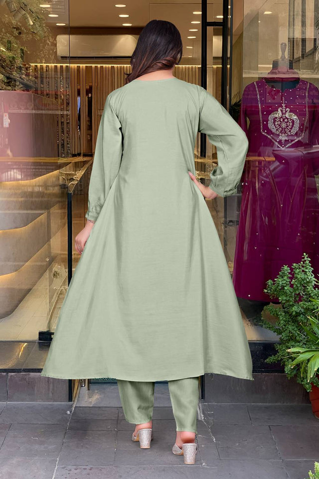 Grey Embroidered Silk Anarkali Suit Set