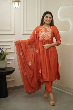 Orange Floral Embroidered Chinon Anarkali Suit Set