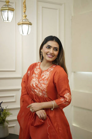Orange Floral Embroidered Chinon Anarkali Suit Set
