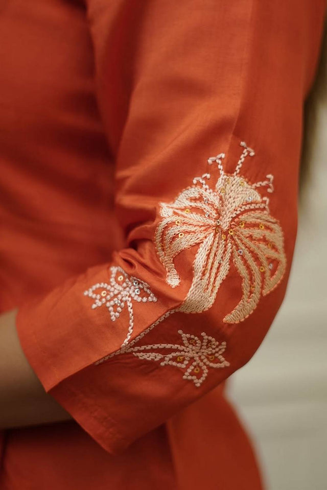Orange Floral Embroidered Chinon Anarkali Suit Set