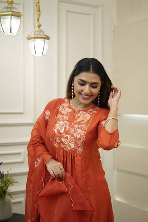 Orange Floral Embroidered Chinon Anarkali Suit Set