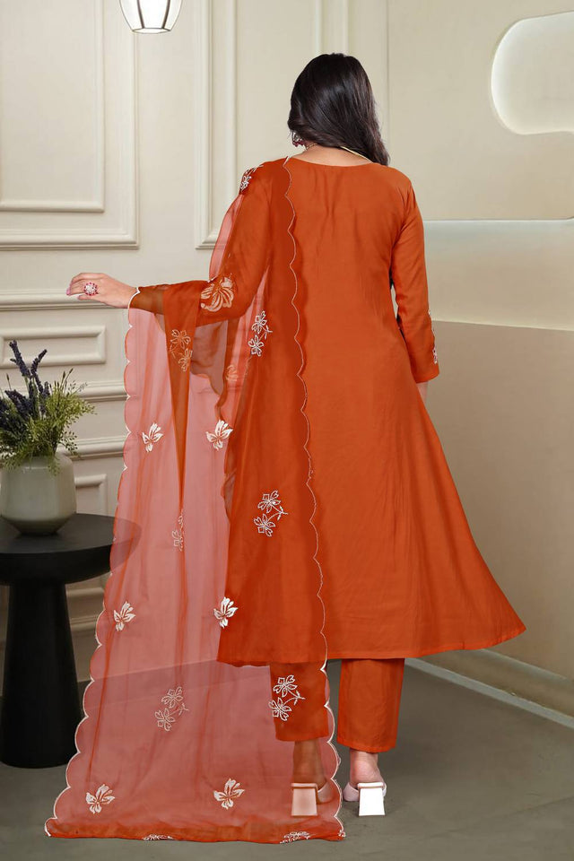 Orange Floral Embroidered Chinon Anarkali Suit Set