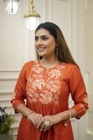 Orange Floral Embroidered Chinon Anarkali Suit Set