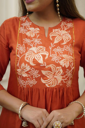 Orange Floral Embroidered Chinon Anarkali Suit Set