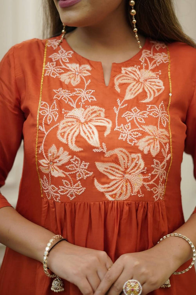 Orange Floral Embroidered Chinon Anarkali Suit Set