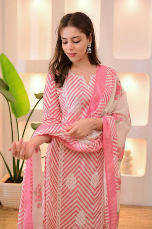 Pink Embroidered Cotton Straight Cut Suit Set