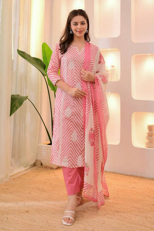 Pink Embroidered Cotton Straight Cut Suit Set