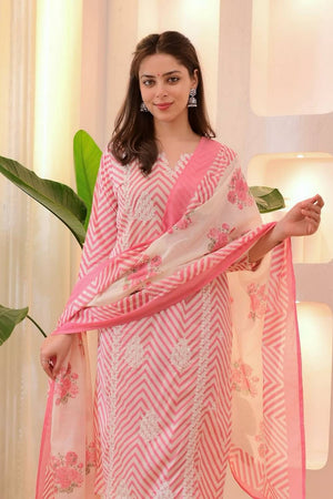 Pink Embroidered Cotton Straight Cut Suit Set