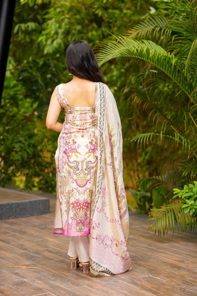 Cream Floral Printed Crepe Straight Cut Suit Set