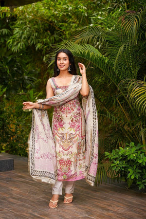 Cream Floral Printed Crepe Straight Cut Suit Set