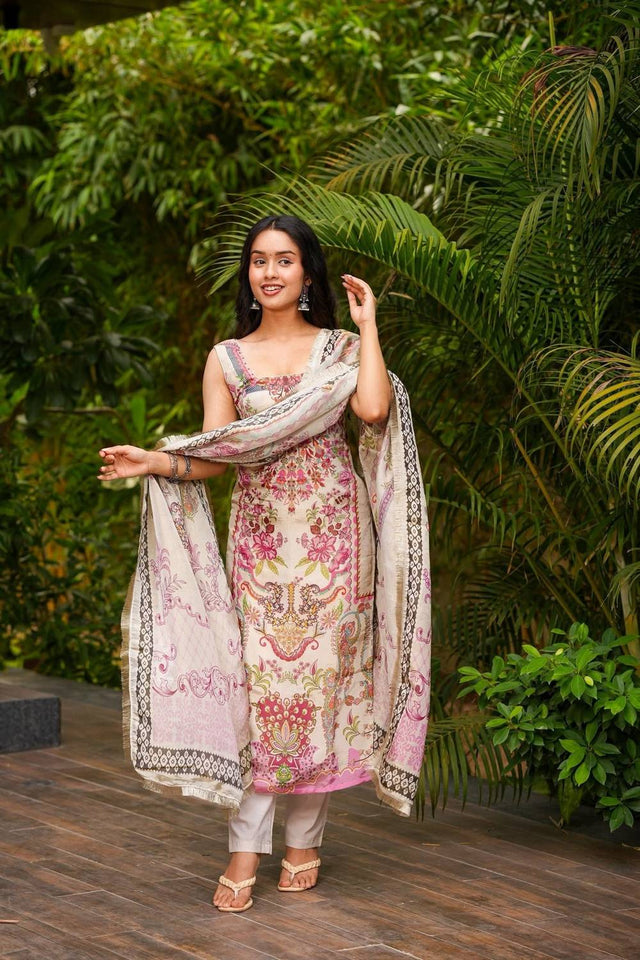 Cream Floral Printed Crepe Straight Cut Suit Set