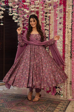 Maroon Floral Printed Rayon Anarkali Suit Set